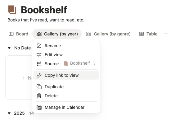 Screenshot of Notion with the link to the bookshelf view by year