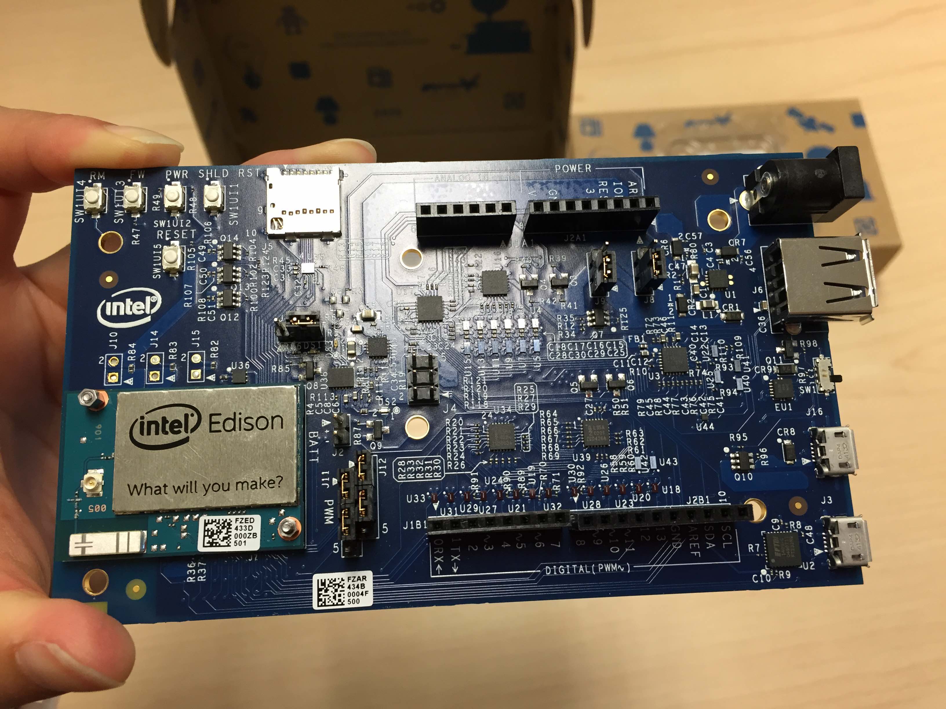 Closeup of Edison on Arduino breakout board