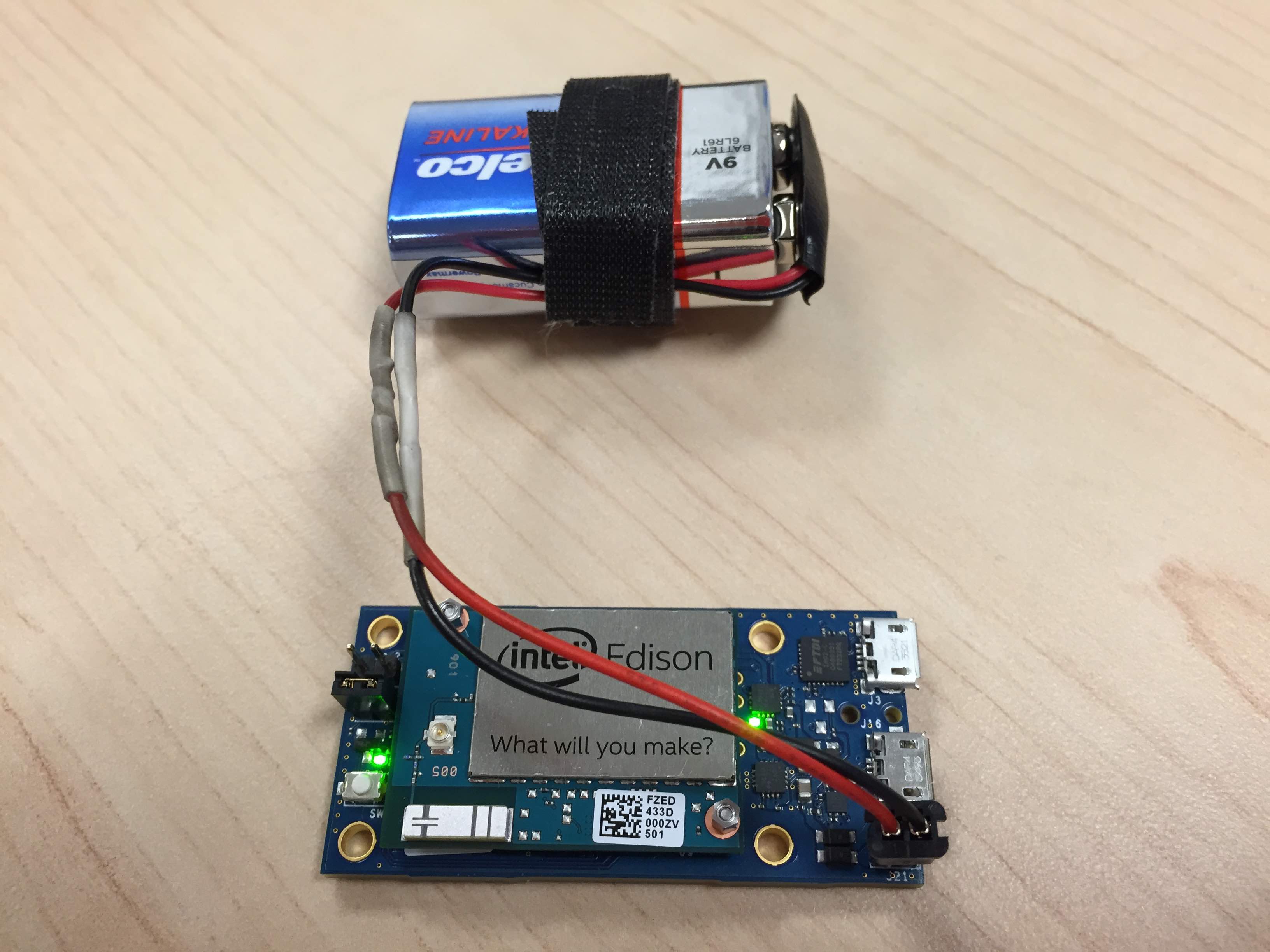 9V battery connected to the Edison Mini breakout board