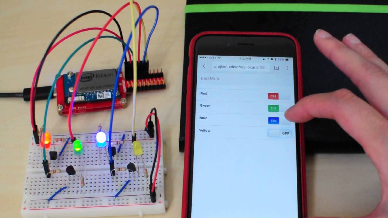 Remote-controlled LEDs using Intel Edison and Node.js (for web, iOS, and Android)