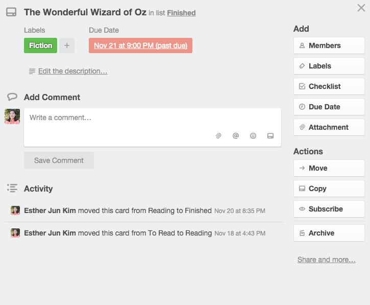 Screenshot of one of my Trello cards